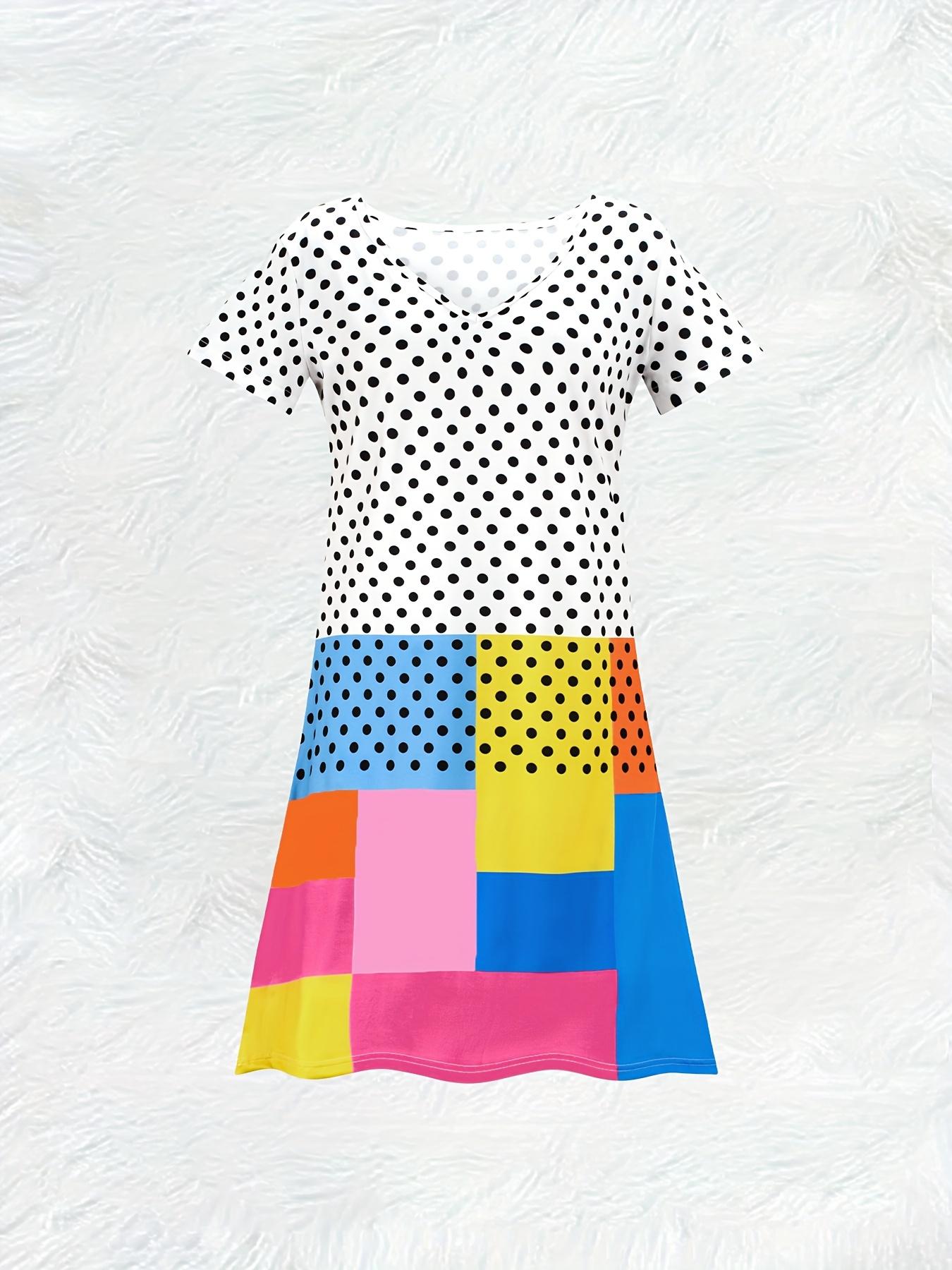 

Women s Casual Polka Dot and Color Block Print A Line V Neck Short Sleeve Dress Summer Vacation Outfit Trendy Fashion 6XL