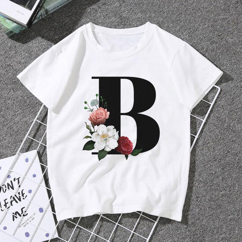 A B C D E English Alphabet Print T Shirt Women Short Sleeve Couples Lovers Female