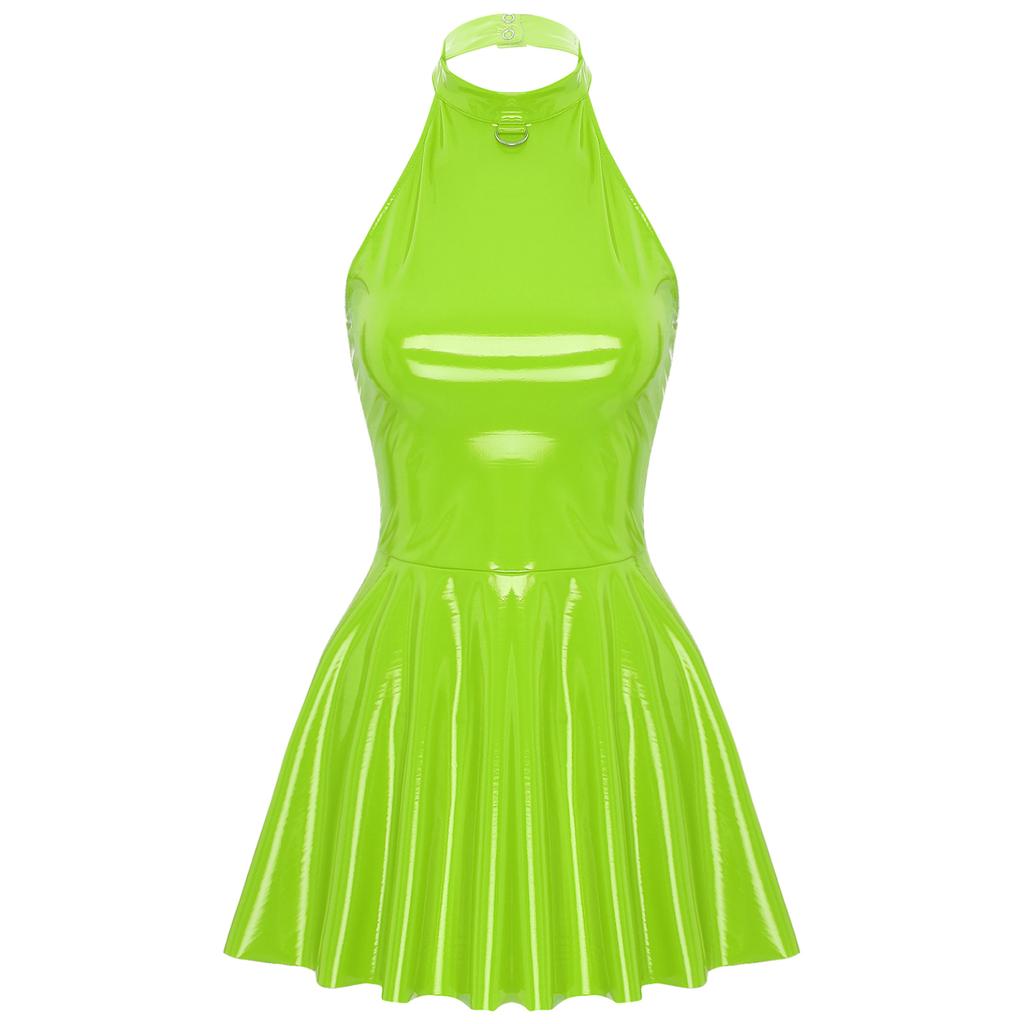 Womens Glossy Patent Leather Dress Clubwear Halter Sleeveless Mini Dress Sexy Dancewear