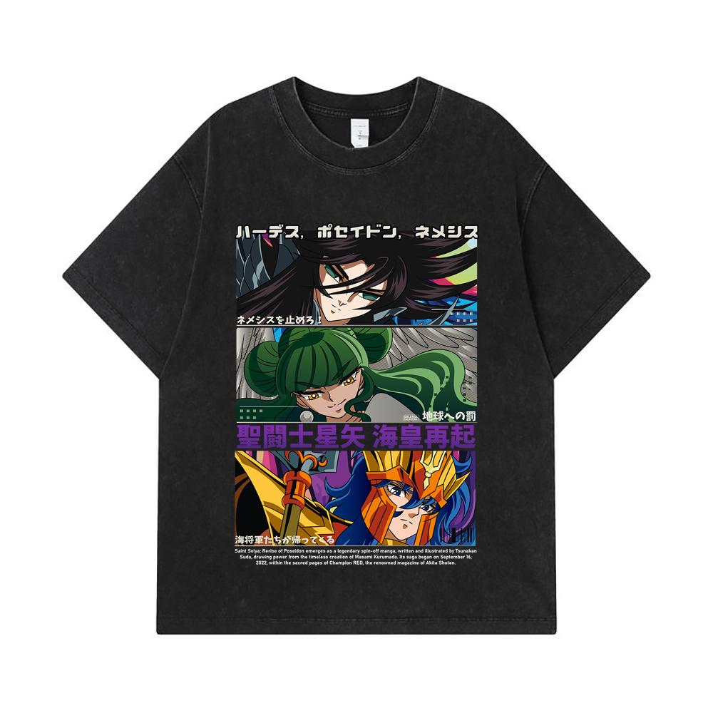 275 GSM Washed T-shirts 100% Cotton Saint Seiya V3 Rerise of Poseidon Print Unisex Heavy Cotton T Shirt