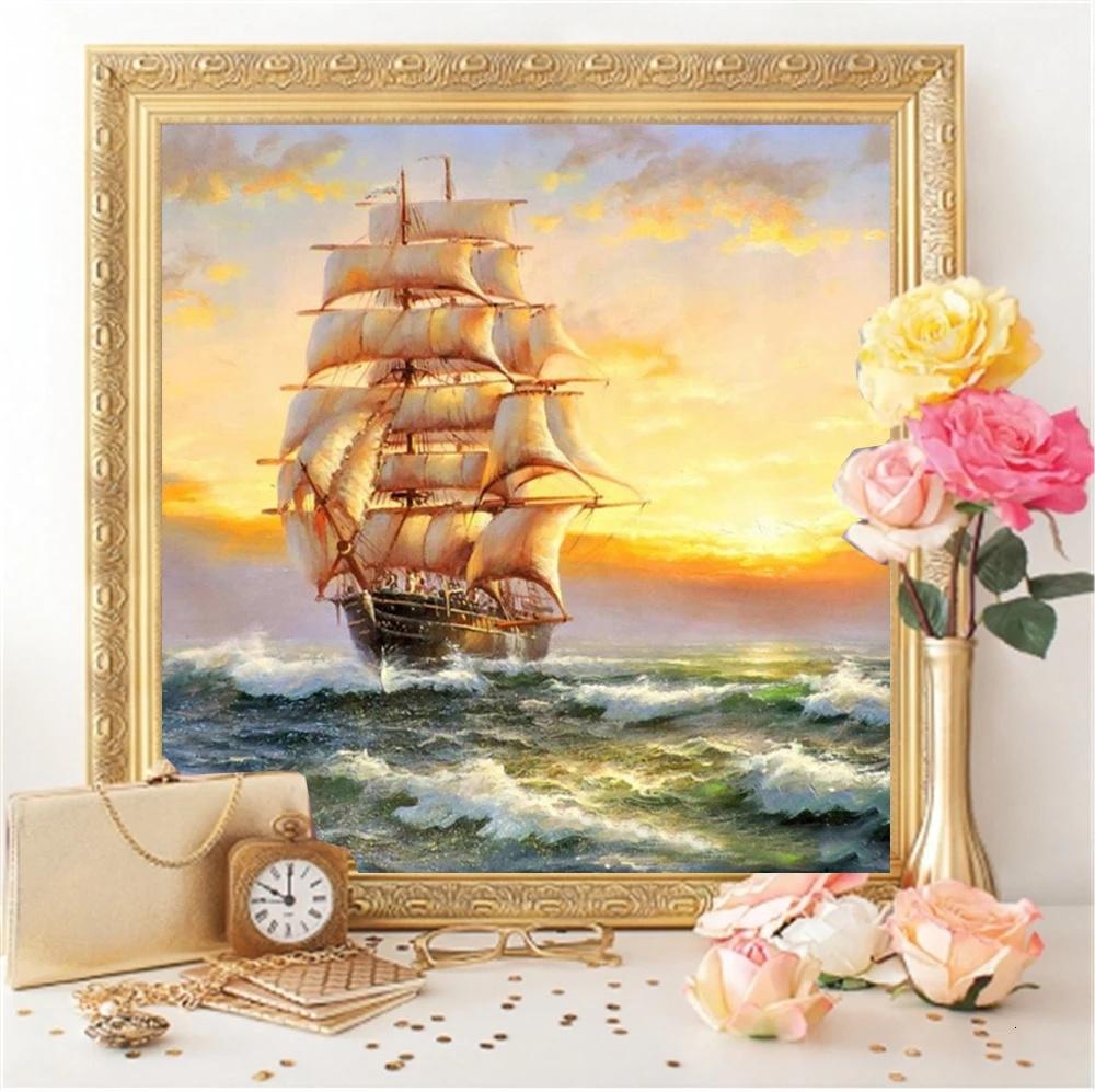 Full borrning Rund 5D Diamantmålning Segelbåt Diamantbroderi Landskap Mosaikdekor Hem Diamantkonst