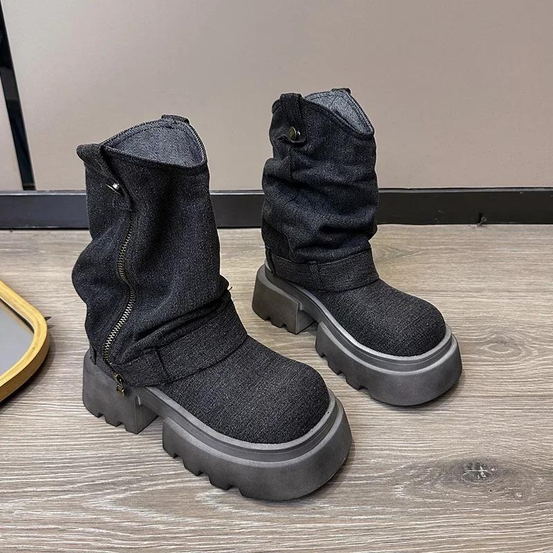 Women Thick Heel Western Cowboy Boots Female New Fashion High Heels Ankle Boots Woman Autumn Winter Platform Motorcycle Botas