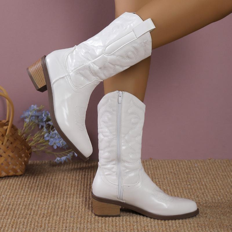 Gold Mid-calf Boots Woman Side Zipper Silver Pointed Western Cowboy Boots Retro Fashion Black Boot Plus Size 36-43 Women Shoes