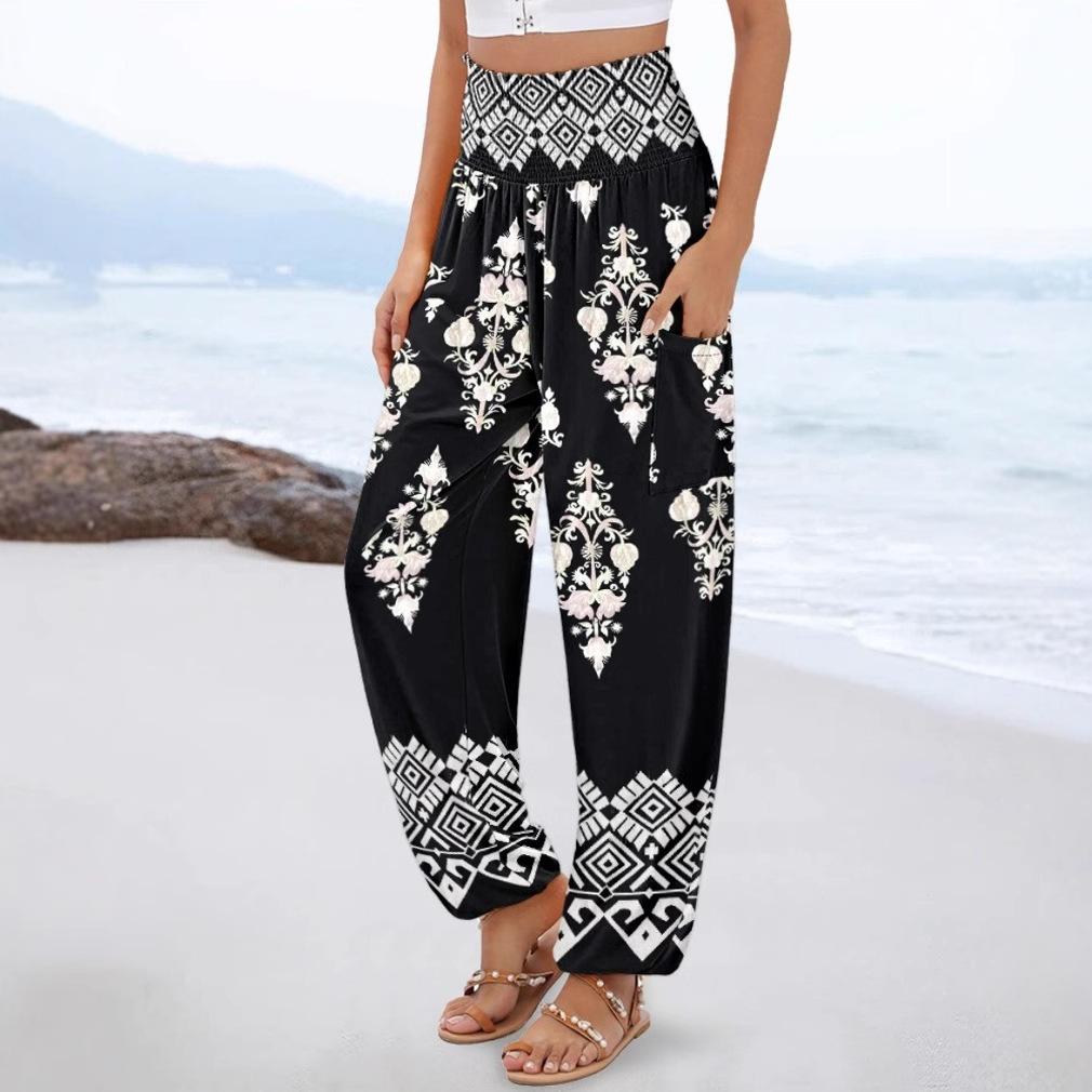 Women s Summer Loose High Waist Printed Casual Trousers S чёрный