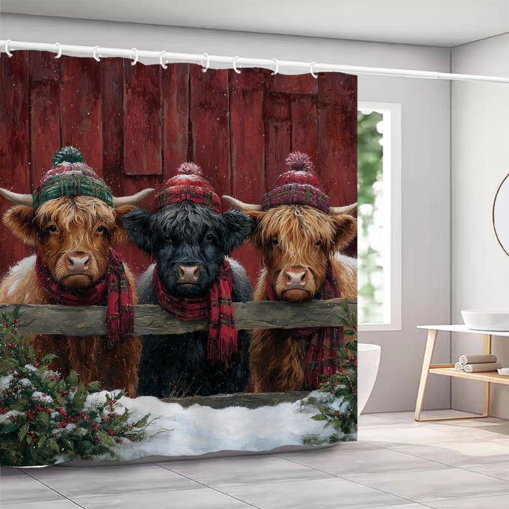 Christmas Shower Curtain, Bathroom Decorative Christmas Highland Cattle Shower Curtain, Waterproof Shower Curtain with Hooks