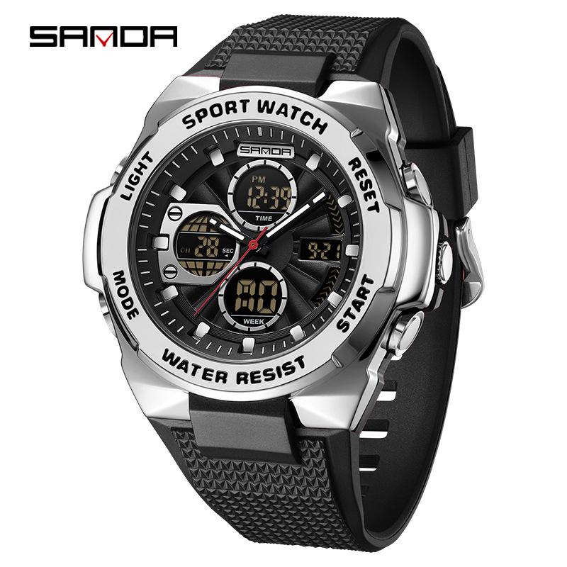 Sanda Men's Trendy Outdoor Sports Watch - Waterproof, Luminous, Multifunctional with Dual Display & Alarm.