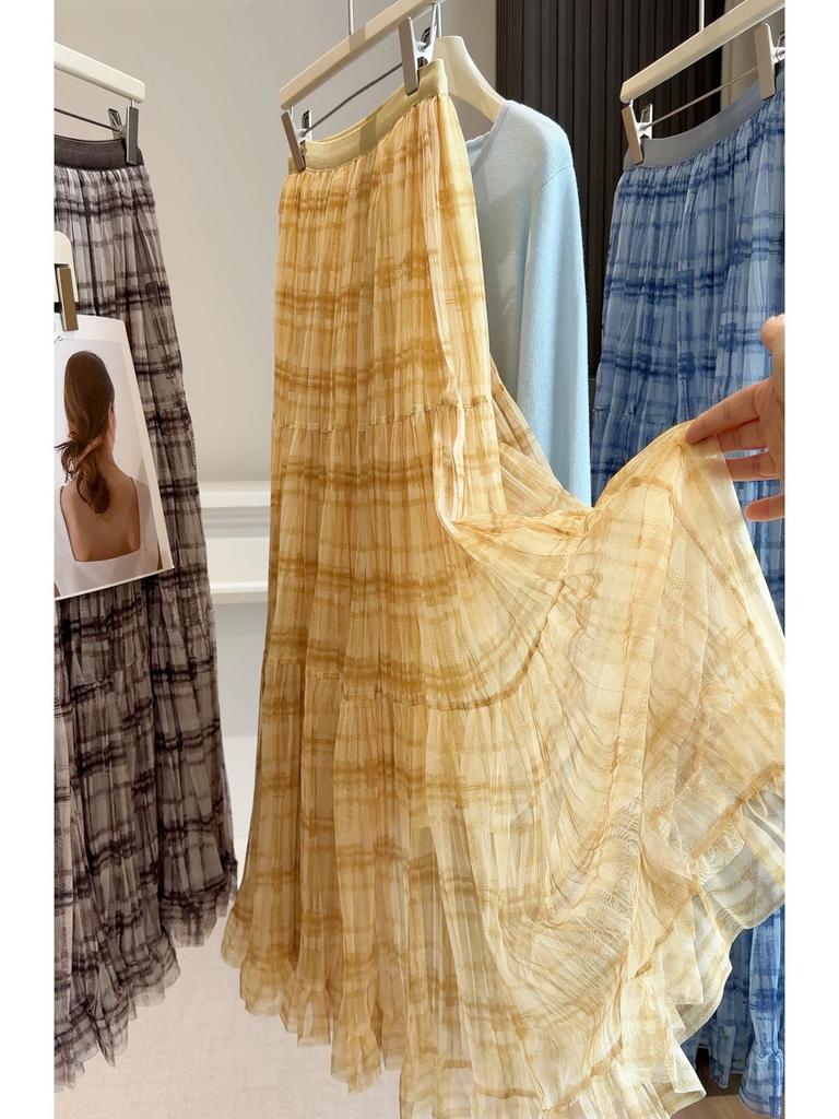 Elegant Pleated Plaid Lace Mesh Midi Skirt - Women's Spring/Summer Fashion