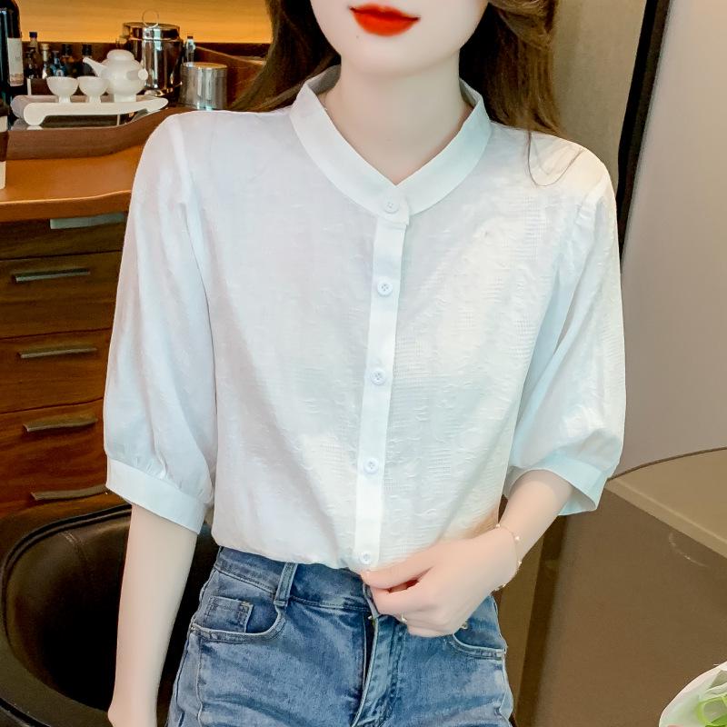 2024 Summer Women's Loose-Fit Pure Cotton Five-Sleeve Stand-Collar Top