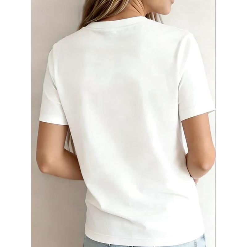 Women's Short Sleeve Crew Neck T-Shirt - Spring Summer Casual Blouse Suitable for Warm Weather, Opaque Round Neck Top with Minimalist Letter