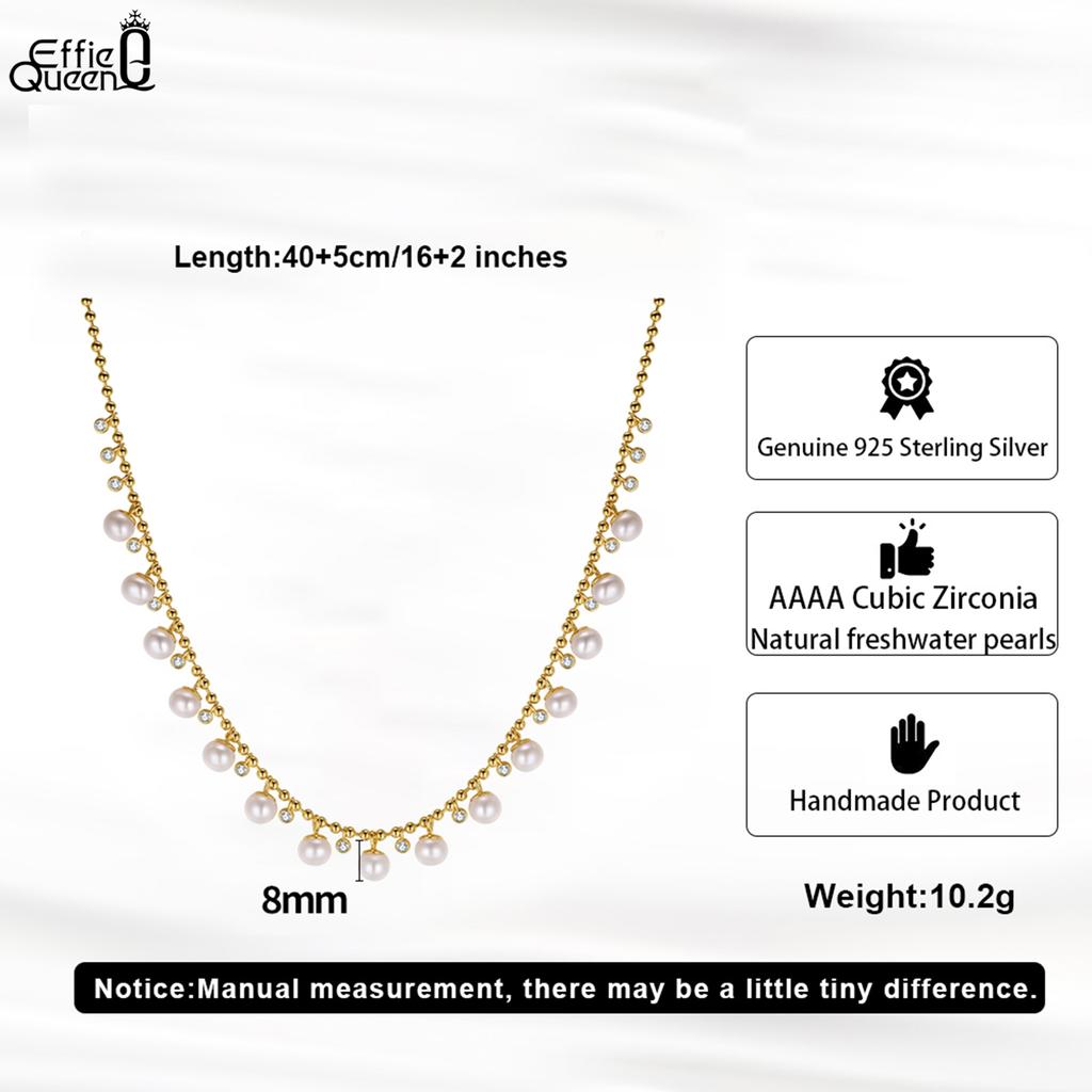 EFFIE QUEEN Natural Freshwater Pearls Necklace 925 Sterling Silver White Cubic Zircon Choker Chain Wedding Jewelry Gift GPN37