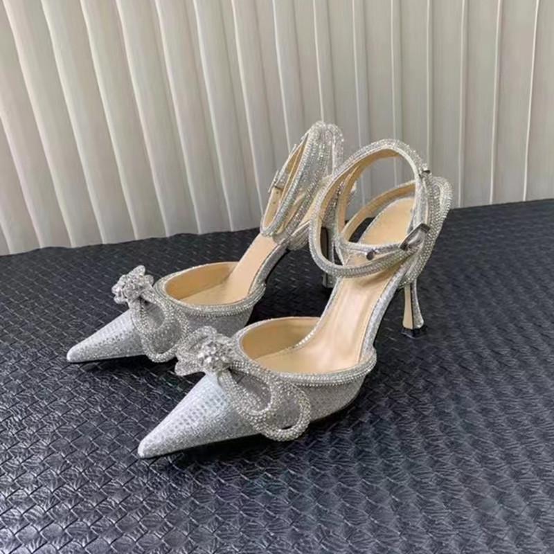 Ins style Glitter Crystal Women Pumps Sexy Ankle strap Rhinestones Bowknot Wedding High heels Summer Party Prom Shoes