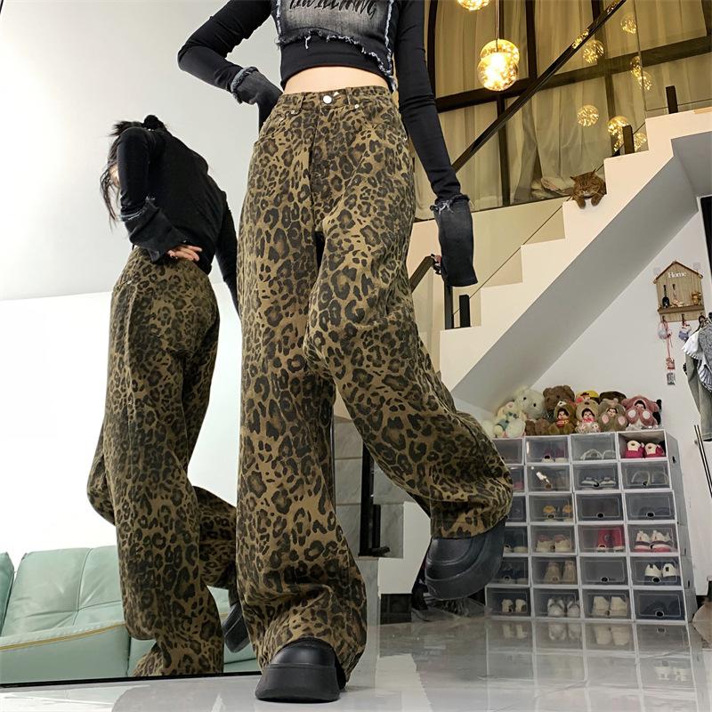 American retro leopard print wide-leg jeans women's spring and autumn spice high street loose straight pants casual floor-mopping trousers