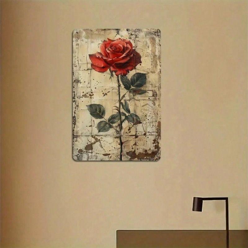 Metal Wall Art Vintage Rose Poster, Aluminum 8x12 Inch, Anti Rust Fade Resistant Home Decor