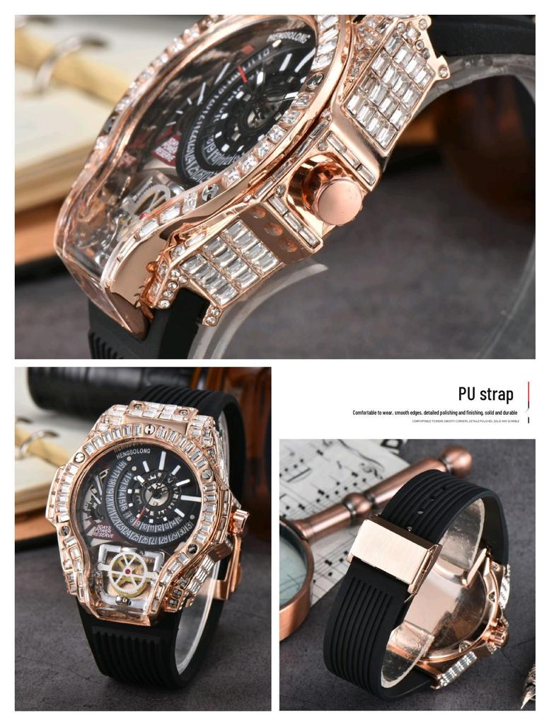 Men's Quartz Watch with Three-Needle Design, Sports Style, Irregular Full Diamond Shape, Similar to Jason Statham's Watch in Warcraft.