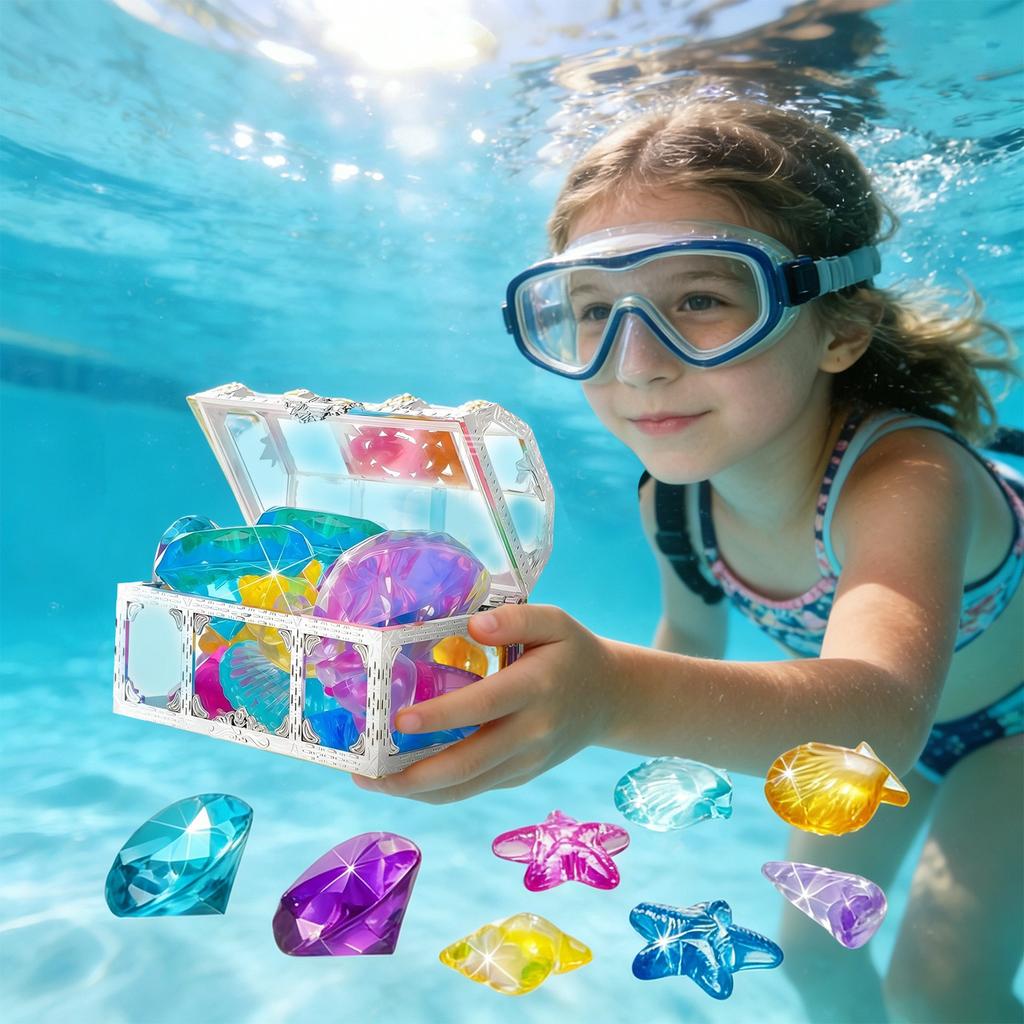 Kids Pool Diving Treasure Chest Toy Set with Gemstones for Summer Swimming Pool and Water Play Activities for Children Outdoor Game