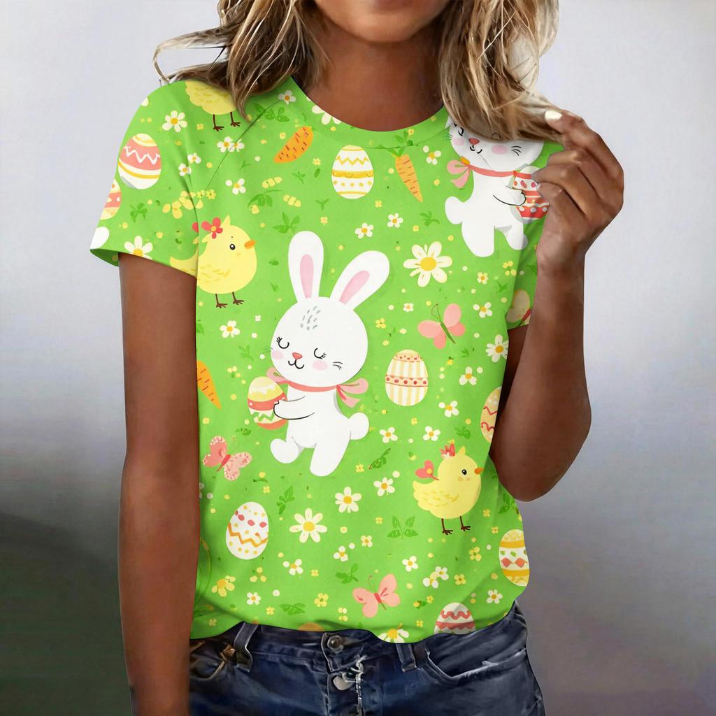 Women's Fashionable Casual Short-Sleeved Raglan Sleeve Easter Print T-Shirt Top