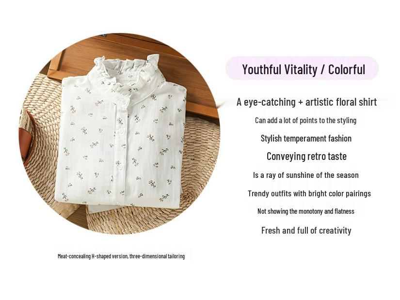 Soft Cotton Floral Print Long Sleeve Shirt with Ruffled Collar