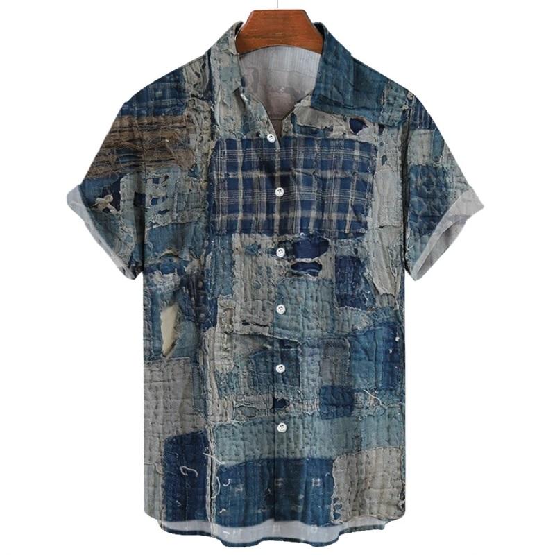 

Fashion Patchwork Design Printed Pattern Hawaiian Shirts for Men Short Sleeve Casual Button Down Hawaiian Shirt Blouse Tops 2XL