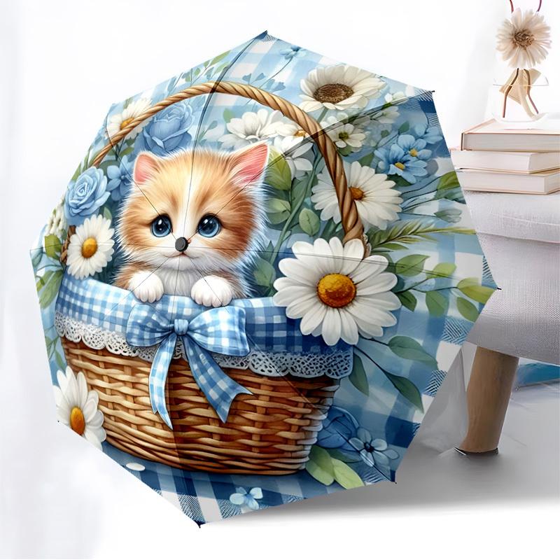 1pc Kitten Basket Automatic Folding Umbrella, 8 Ribs Iron Frame, Suitable for Outdoor Travel and Daily Use yy251120256