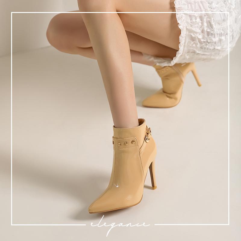 Plus Size Dark Green Metal Rivets Decorated Women's Ankle Boots Patent Leather Belt Buckle Super Stiletto Pointed Toe Shoes