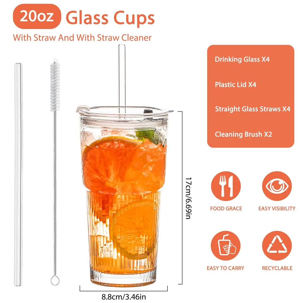 600ML Ribbed Glass Tumblers with Lids and Straws 1/2PCS Drinking Glasses for Iced Coffee Cups Milk Juice Cold Beverages