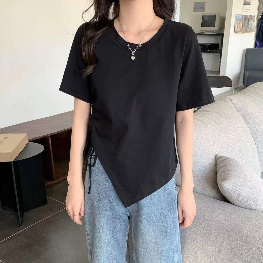 Summer Irregular Drawstring Trimming Thin Waist Short-sleeved T-shirt Spice Girl Sexy Versatile Pure Desire Wind Niche Top Ins