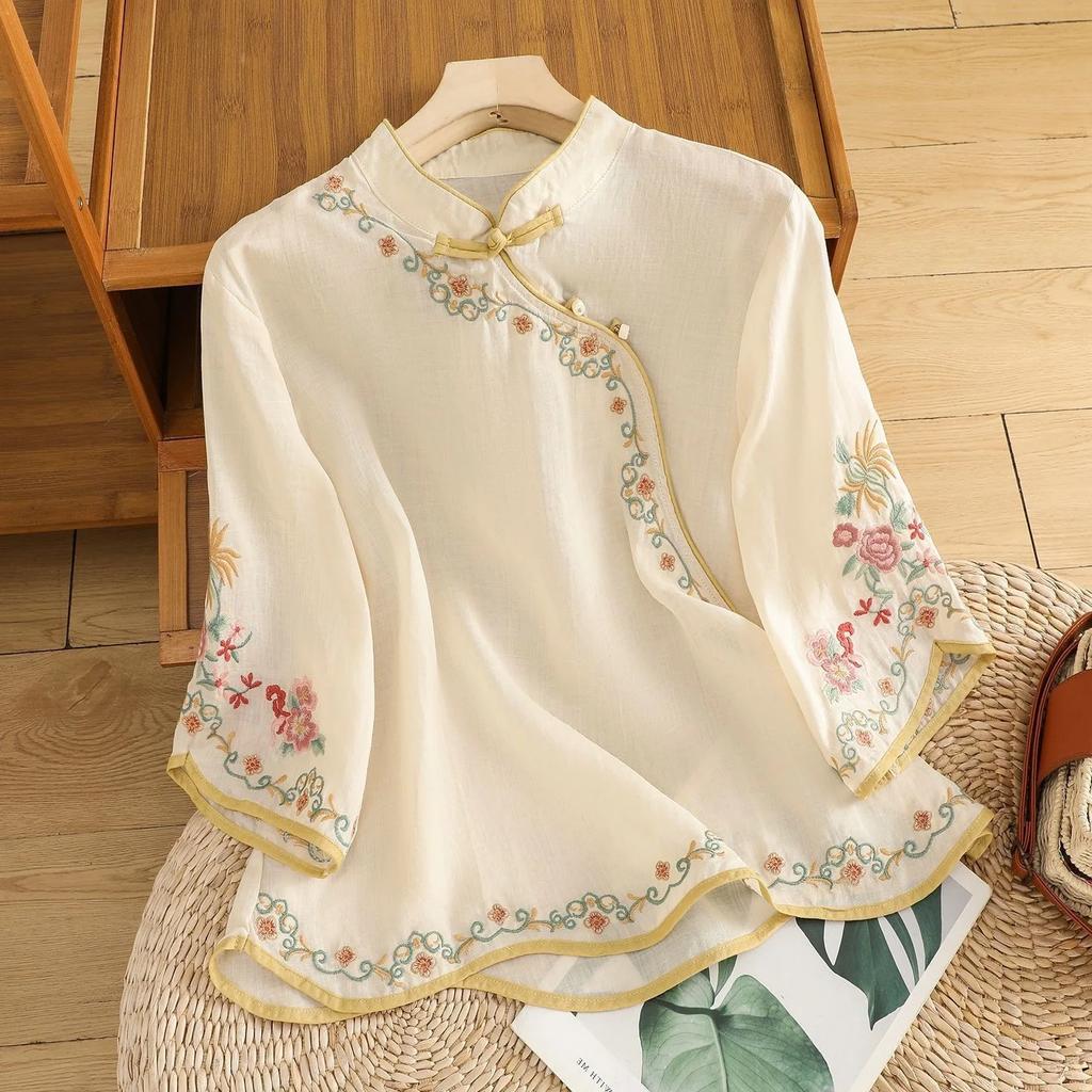 Summer Women's Artistic Vintage Embroidery Slimming Cotton Linen Women's Top with Button Color Block Sleeveless Shirt