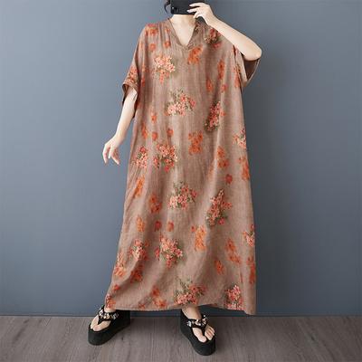 DIMANAF 2025 Summer Women Floral Printing Plus Size Long Linen Dress Short Sleeve Vintage Casual V-Neck Basic Loose Dress