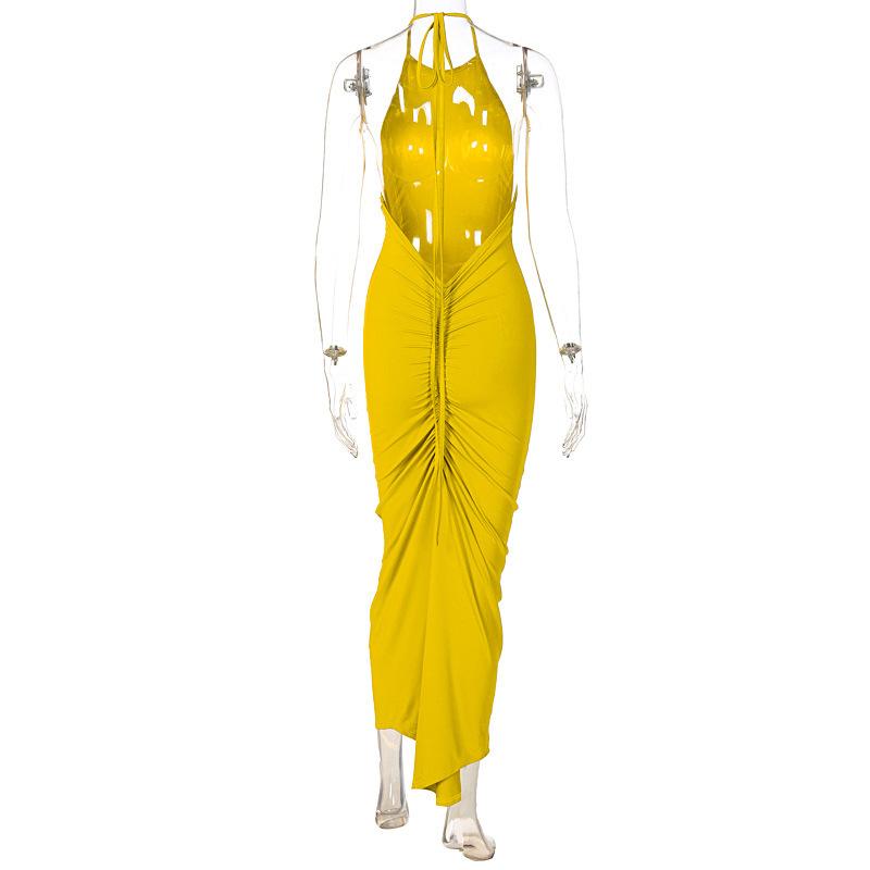 Women Summer Holiday Club Party Sleeveless Backless Elegant Ruched Halter Draped Maxi Dress