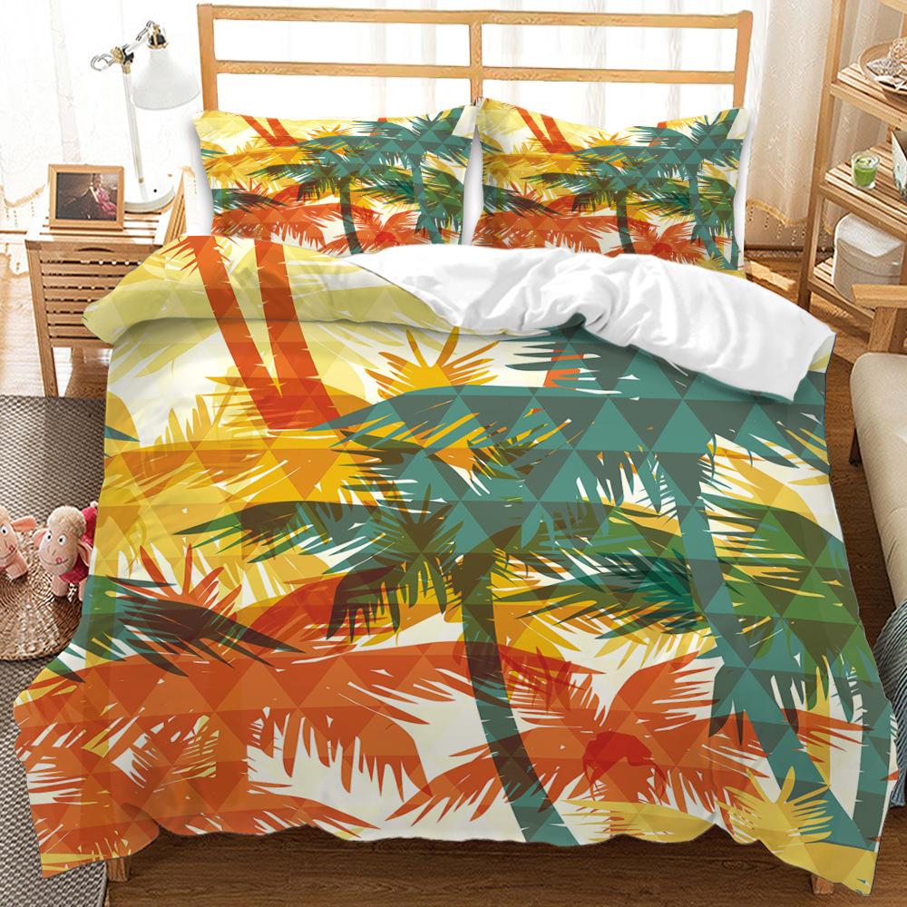 3D Digital Simple Cartoon Plant Quilt Cover Coconut Tree Print Three-Piece Digital Kit