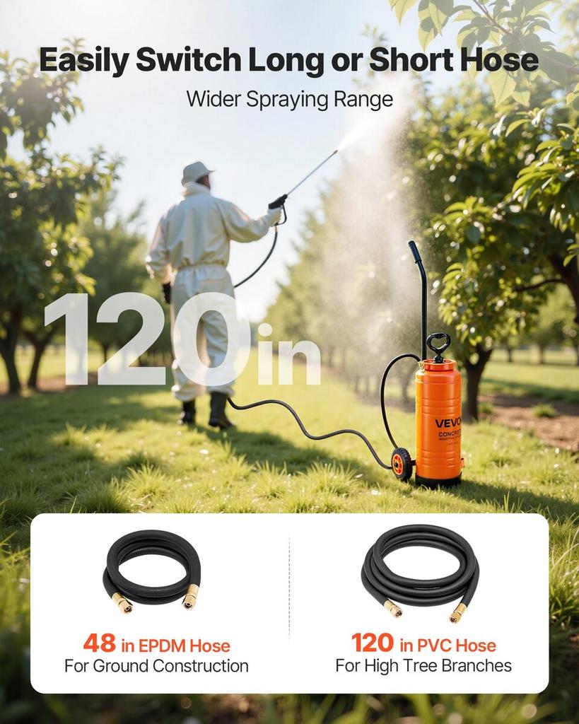 Industrieller Betonsprühgerät mit Fahrgestell, 14L Edelstahl-Sprühgerät, Heavy Duty Tri-Poxy Pumpensprüher, 52cm Sprühlanze, 1,2m & 3m Schläuche, 2 Messing