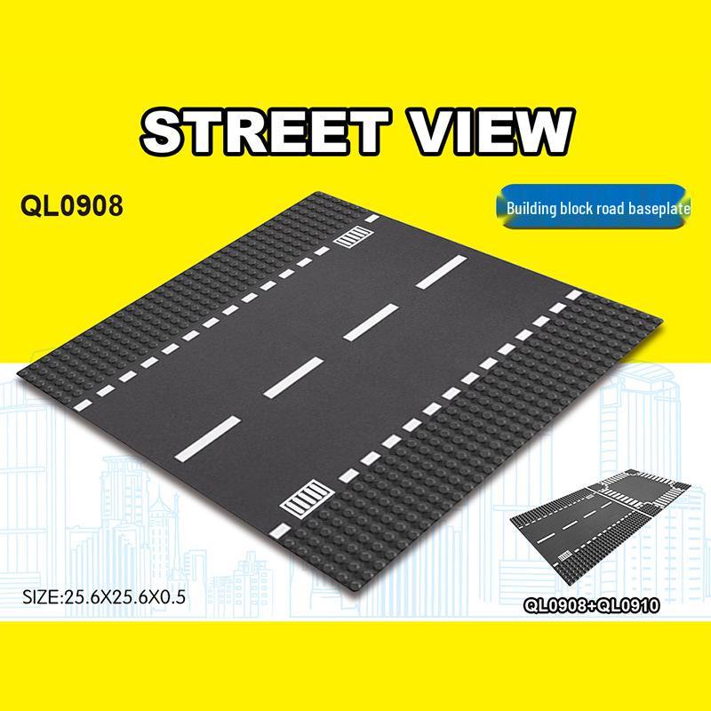 Street Scene 25x25CM Road Baseplate with Small Pegs - Single-Sided Race Track, Straight & Curved
