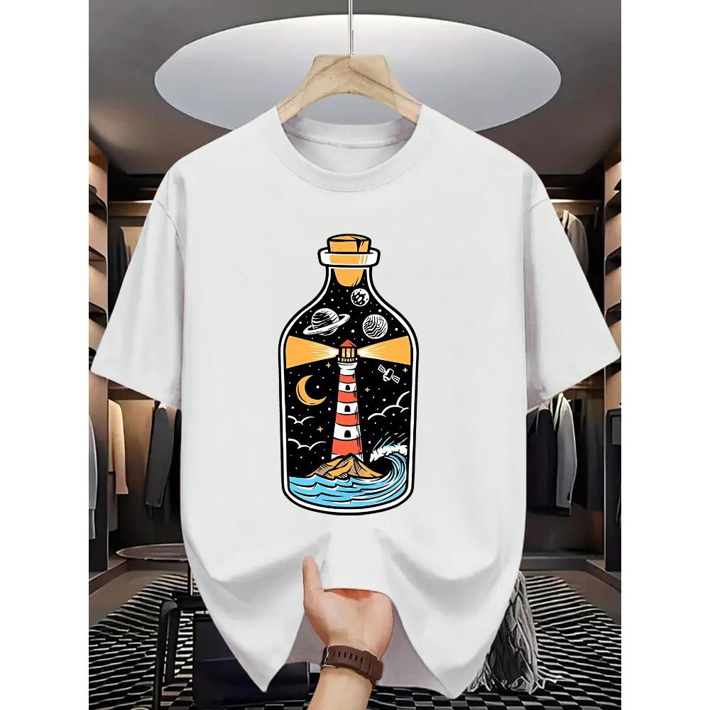 

Bright orange beach lighthouse with wavy pattern print round neck short-sleeved T-shirt on the front S