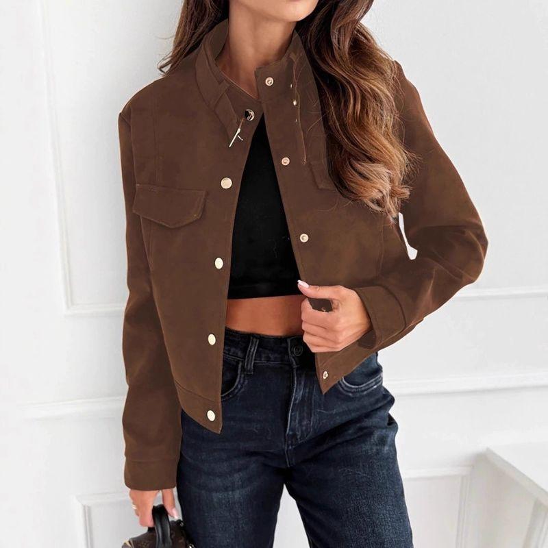 European and American Autumn and Winter New Fashion Stand Collar Wine Red Single-Breasted Loose Casual Motorcycle Style Long Sleeve Short Coat