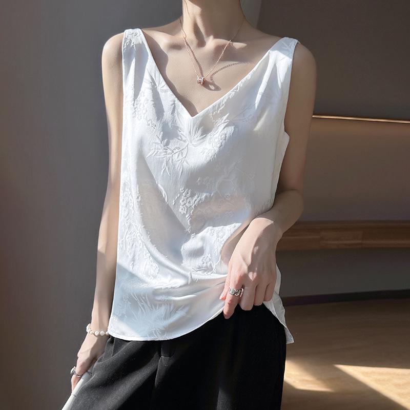 

3D Резная майка из тутового шелка - Женский летний топ без рукавов с V-образным вырезом S