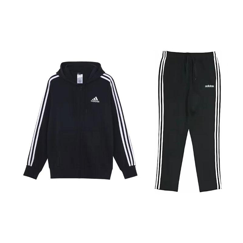 

Adidas Hooded Long Sleeve Top With Drawstring Straight Leg Pants Casual Sports Set Men Set Black GK9032+DU0456 XL
