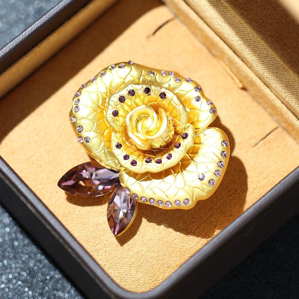 High End Classic Rose Brooch, Artificial Crystal Flower Gold-plated Accessories for Women