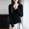 Women's Elegant V-Neck Wool Sweater: Autumn/Winter Fashion Long Sleeve Knitwear with Drawstring.
