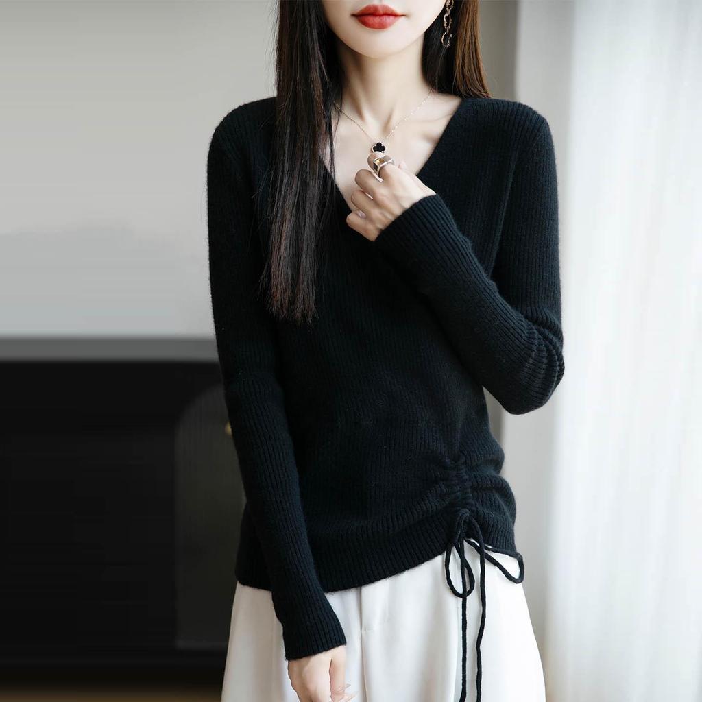 Women's Elegant V-Neck Wool Sweater: Autumn/Winter Fashion Long Sleeve Knitwear with Drawstring.