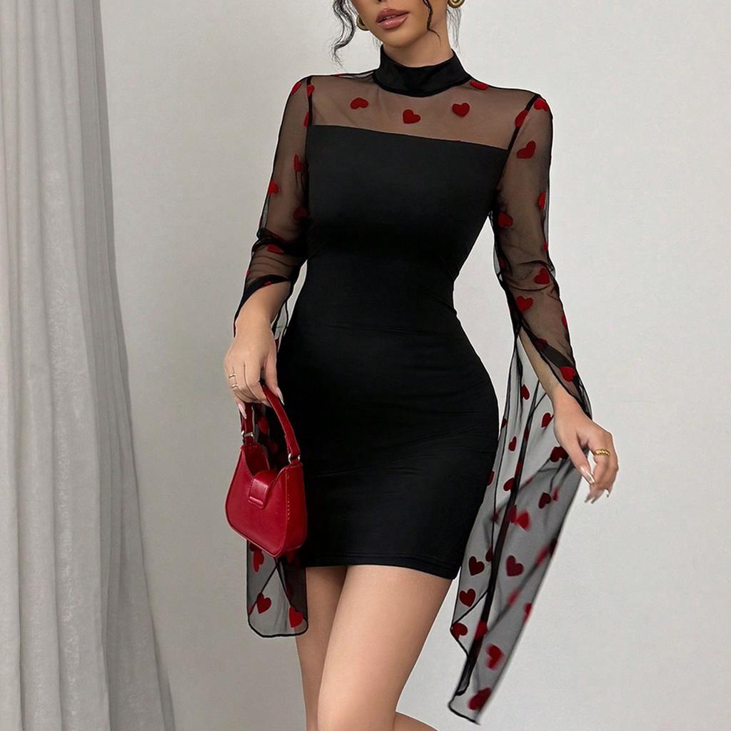 Neues Frühjahrs- und Sommerkleid für Damen Kurzer Rock Hüftbedeckend Sexy Netz Langarm Enganliegend