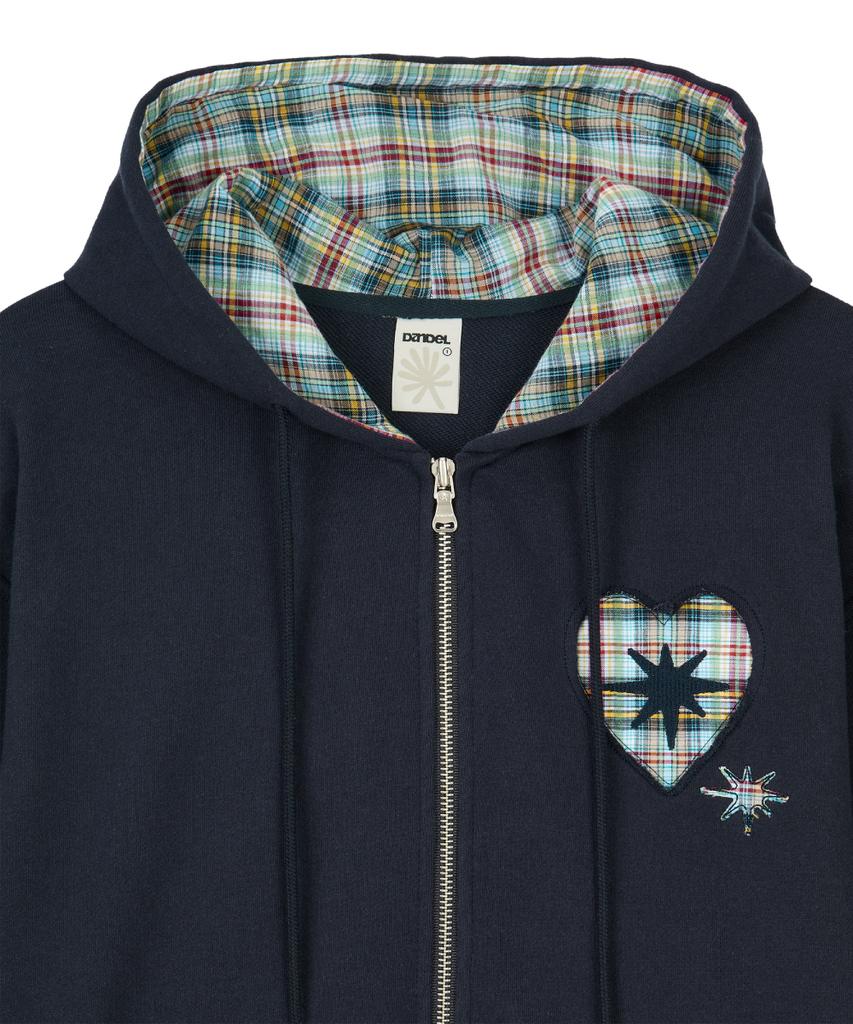 Dandel Dd Heart Check Lining Hoodie Zip-Up (Navy)