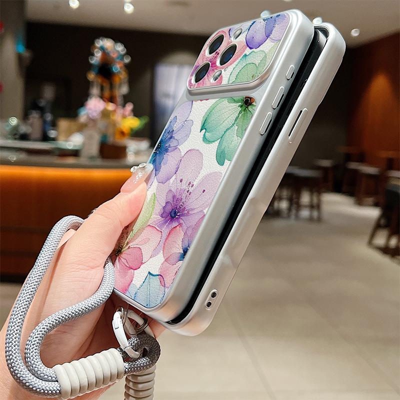 Watercolor Flowers Print Leather Lanyard Case For iPhone 18 Pro Max Hybrid TPU+PU Anti-skid Soft Cover For iPhone 17 16 15 14 13 Pro Max
