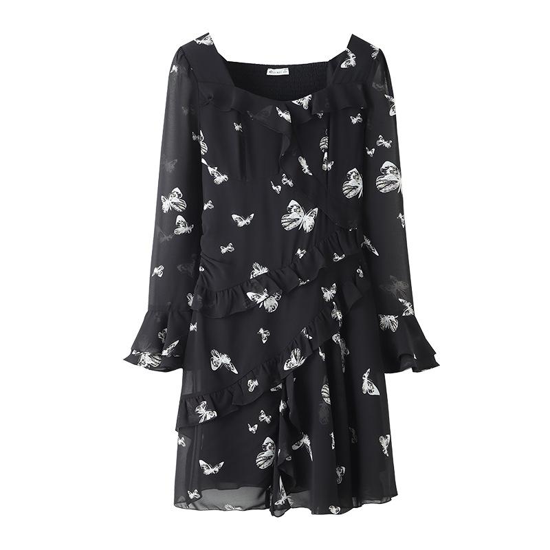 2025 Spring Fashion Print Chiffon Dress with Flared Sleeves for Plus Size Women