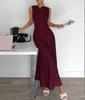 Damen Unifarben Ärmellos Plissiert Rundhals A-Linie Maxikleid Elegant Langes Freizeit-Partykleid