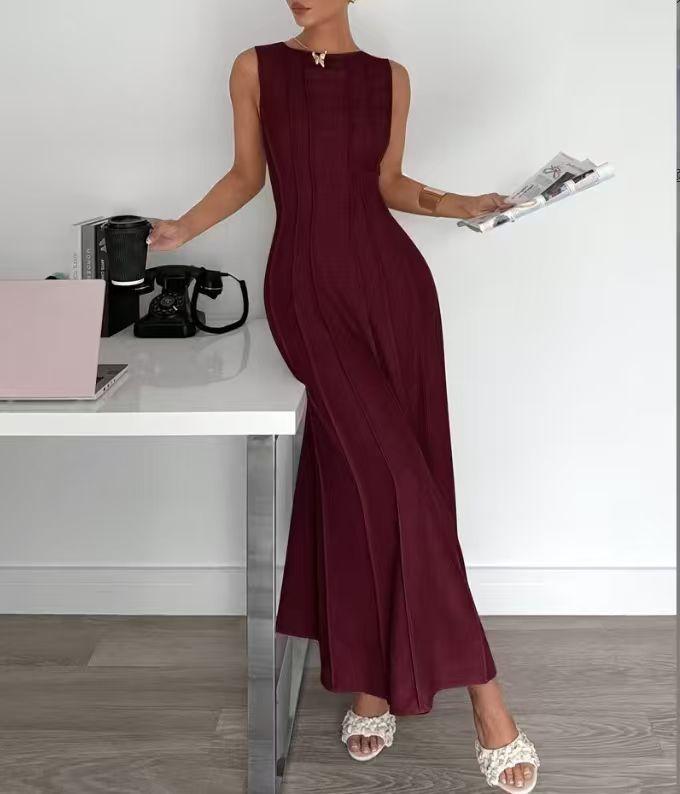 Damen Unifarben Ärmellos Plissiert Rundhals A-Linie Maxikleid Elegant Langes Freizeit-Partykleid