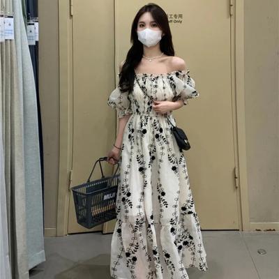 Nieuwe zachte borduurwerk Chinese stijl off-shoulder bubble mouwjurk eerste liefde taille lange jurk