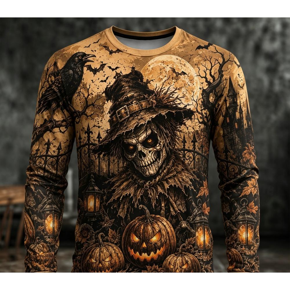 Men Vintage Halloween Long Sleeve T-shirt Grim Reaper Scarecrow