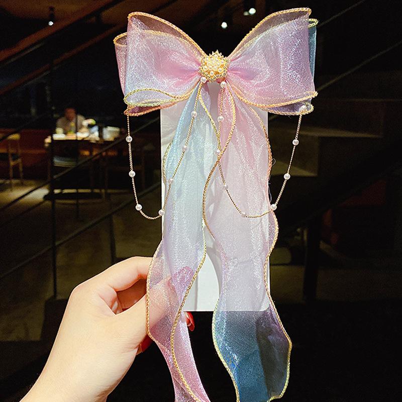 Perlenkette Mädchen Netz-Streamer Haarspangen Schleifen Schleifenknoten Quaste Pferdeschwanz-Klammern Farbverlauf Flecht-Haarnadel-Klemmen Haar-Accessoires