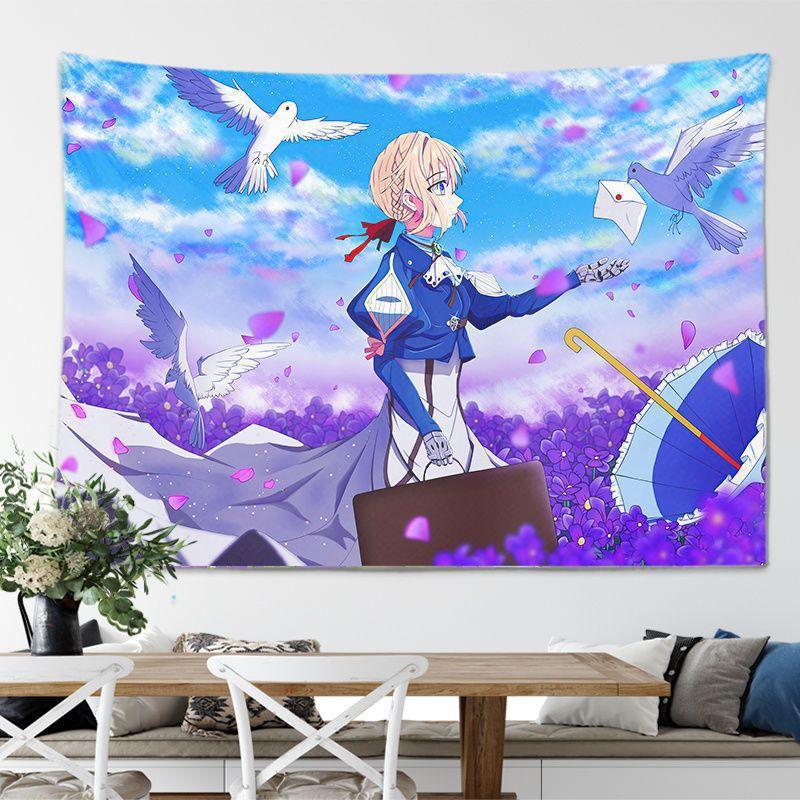 Violet Evergarden Anime Three Girls Wall Tapestry Japanese Animation Romantic Home Decor Farmhouse Soft Durable Cozy Gift