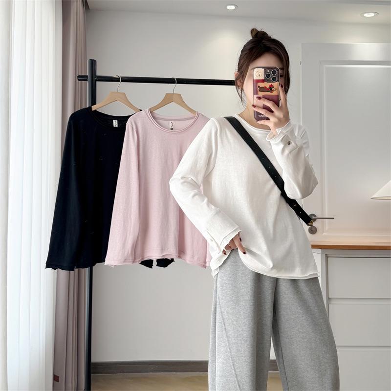 Plus Size Women's Long Sleeve Spring Top - Frayed Hem Snowflake Cotton Shirt, Simple Inner Layer T-shirt for Chubby Girls